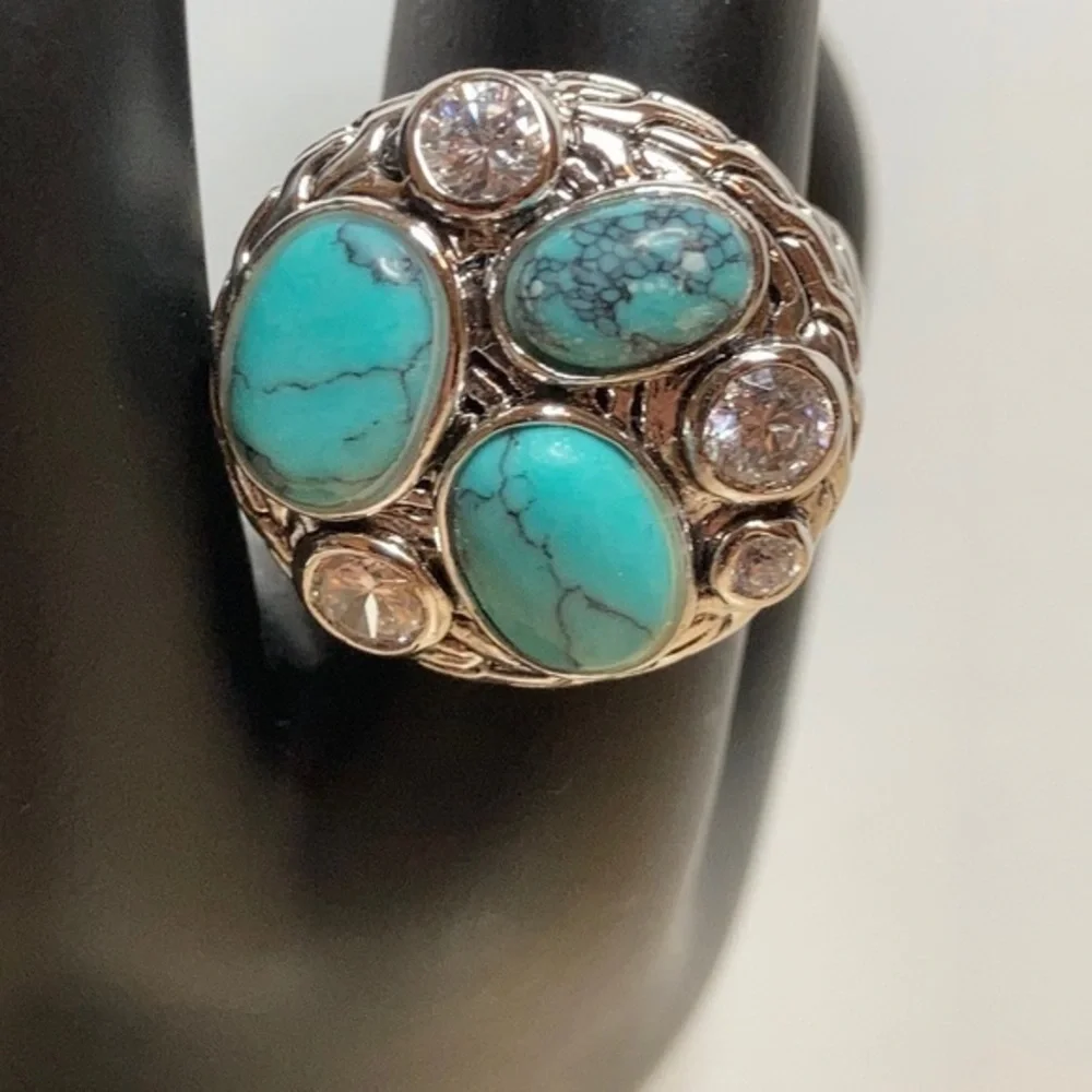 NWOT NIB silver tone ring with turquoise/cz like stones
